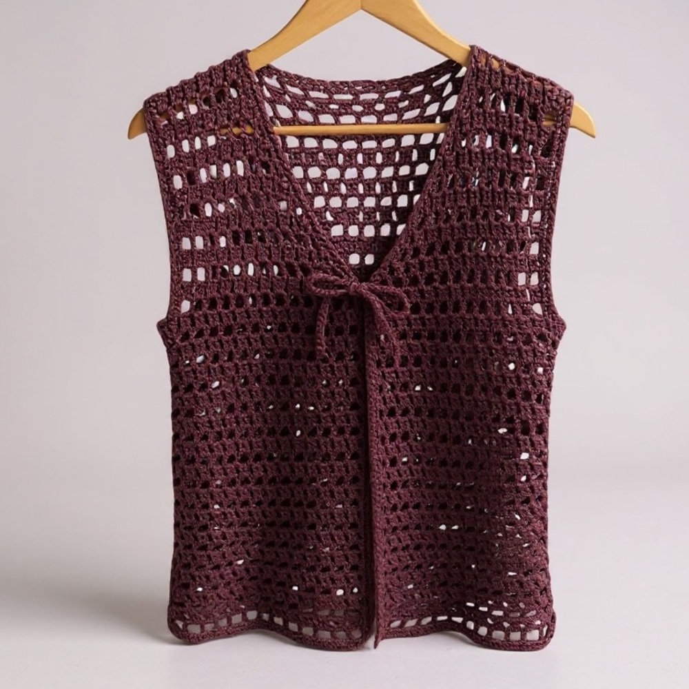 Hand Crocheted Vest with Tie Up Front in Mauve